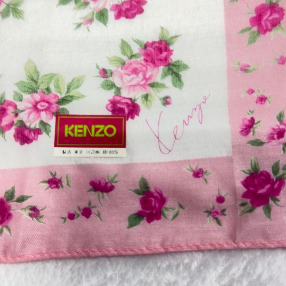Kenzo Pink and Green Floral Scarf/Handkerchief Cotton 17.5/17.5 - Picture 8 of 9